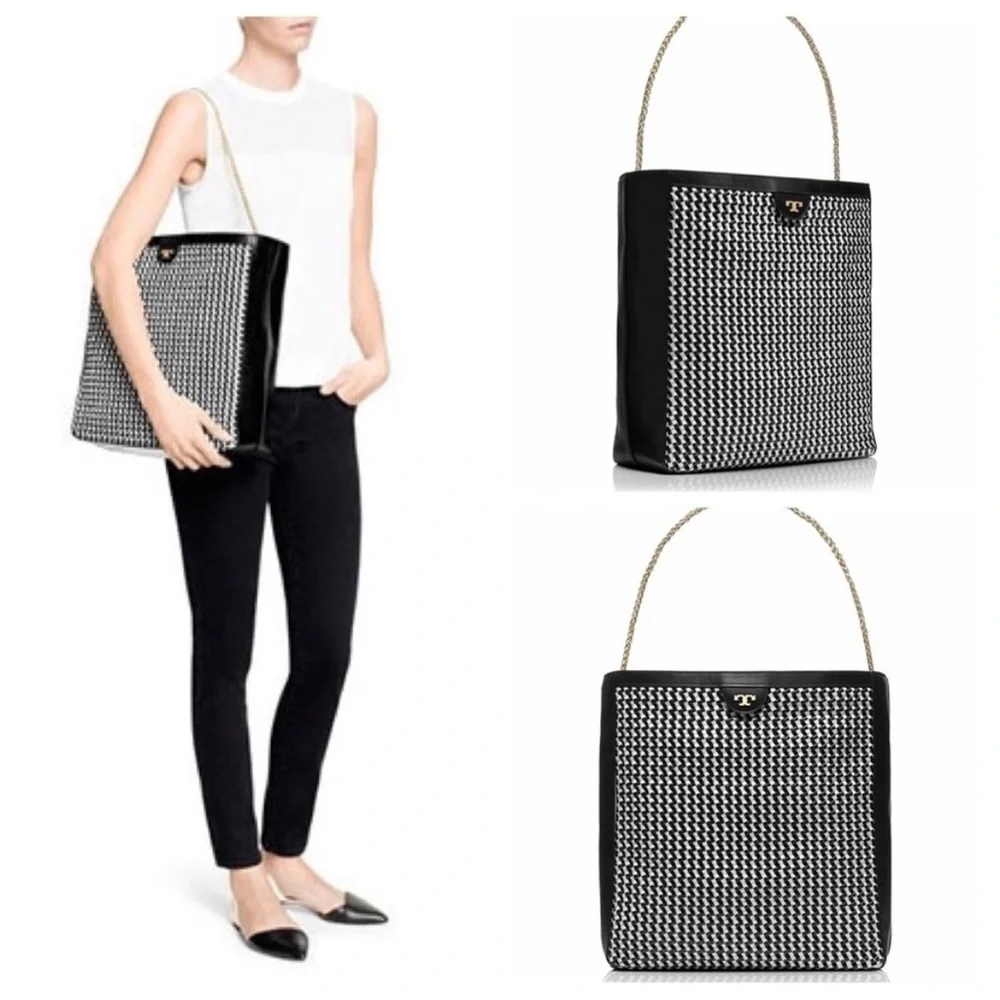 Tory Burch Erica Black/White Leather Woven Large Tote